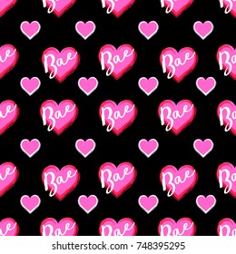 Bae (slang acronym for Before Anyone Else, referring to a boyfriend, girlfriend or significant other) seamless background. Word "Bae" written in brush script over a heart. Seamless background pattern