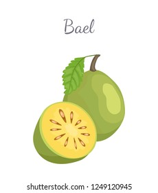 Bael exotic juicy fruit whole and cut vector isolated icon. Aegle marmelos, Bengal quince, golden stone wood apple, bitter orange. Tropical edible food