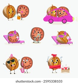 Bael fruit cute funny cheerful characters with different poses and emotions, wood apple whole and sliced. Vector hand drawn illistration.