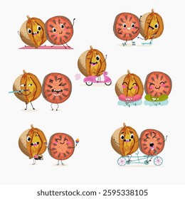 Bael fruit cute funny cheerful characters with different poses and emotions, wood apple whole and sliced. Vector hand drawn illistration.