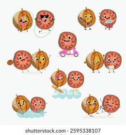 Bael fruit cute funny cheerful characters with different poses and emotions, wood apple whole and sliced. Vector hand drawn illistration.