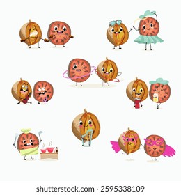 Bael fruit cute funny cheerful characters with different poses and emotions, wood apple whole and sliced. Vector hand drawn illistration.