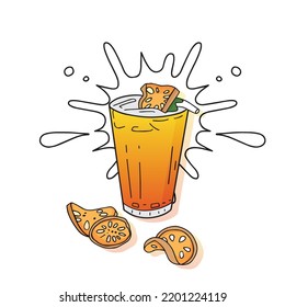 Baelsaft, aromatische Früchte mit Plash im Hintergrund und getrockneter Köder. Handgezeichnete Vektorgrafik einzeln auf weißem Hintergrund.

