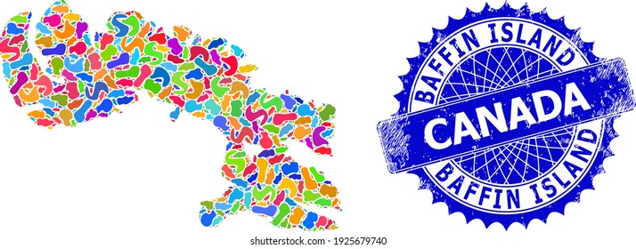 Baffin Island map vector image. Blot pattern map and scratched stamp seal for Baffin Island. Sharp rosette blue stamp seal with caption and Baffin Island map.