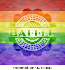 Baffle emblem on mosaic background with the colors of the LGBT flag