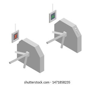 Baffle gate, turnstile flat isometric illustration. Closed and opened tourniquet, metro entrance. Metropolitan access control machine. Underground train station, subway vector design element