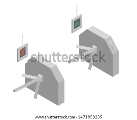 Baffle gate, turnstile flat isometric illustration. Closed and opened tourniquet, metro entrance. Metropolitan access control machine. Underground train station, subway vector design element