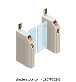 Baffle Gate or Turnstile as Passing Gate for One-way Traffic in Metro or Subway as Rapid Transit Urban System Isometric Vector Illustration