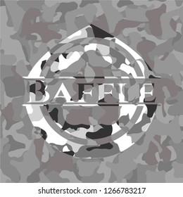 Baffle written on a grey camouflage texture