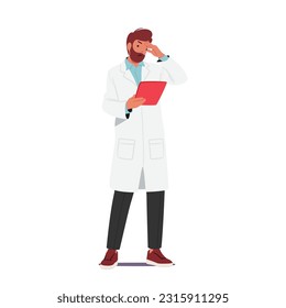 Baffled Male Doctor Character Staring At Clipboard with Document, Displaying Perplexed Expression As He Tries To Decipher Its Contents Isolated On White Background. Cartoon People Vector Illustration