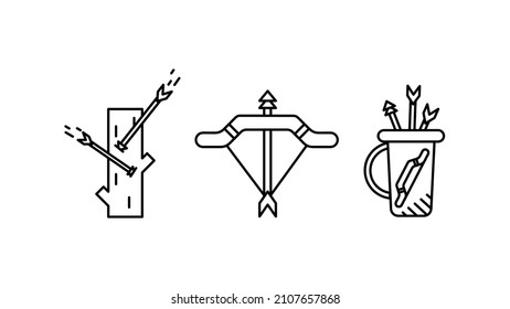 Bag of arrows, bow arrows and arrow stuck in tree icon set. Warrior bag, arrows special collection linear icon set. Download creative war encounter related vector. white background.