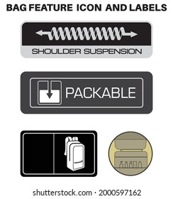 Bag And Back Pack Product Feature Icon And Label, Performance Icons And Symbols For Bags, Back Pack Special Feature Signs And Symbols Icon Set.