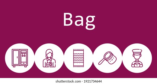 bag background concept with bag icons. Icons related beach towel, postman, closet, bag, photographer