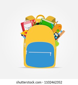 Bag, backpack icon with school accessories. Vector Illustration EPS10