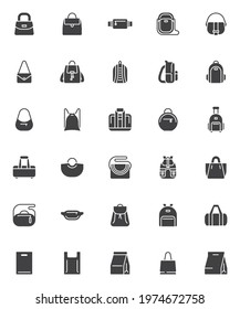 Bag and Backpack vector icons set, modern solid symbol collection, filled style pictogram pack. Signs, logo illustration. Set includes icons as women handbag, shopping bag, sport rucksack, knapsack