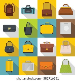 Bag baggage suitcase icons set. Flat illustration of 16 bag baggage suitcase vector icons for web
