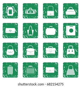 Bag baggage suitcase icons set in grunge style green isolated vector illustration