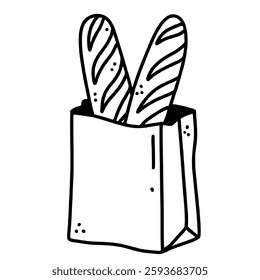 A bag of baguette Hand drawn line art Paris Illustration