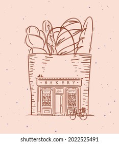 Bag with baguettes a storefront of bakery drawing in vintage style on peach color background