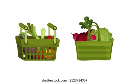 Bag and Basket Full of Fresh Vegetable from Greengrocery Vector Set