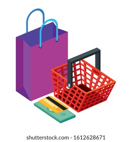 bag with basket shopping and credit card vector illustration design