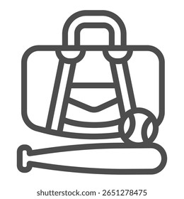Bolsa com morcego e ícone de linha de bola, conceito de jogo de beisebol. Gráficos vetoriais. Acessório do jogador de beisebol, sinal de esporte no fundo branco, ícone de estilo de contorno para design móvel ou web