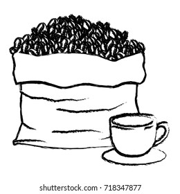 bag with beans and cup of coffee with handle on dish monochrome blurred silhouette vector illustration