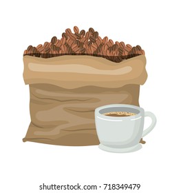 bag with beans and cup of coffee with handle in realistic colorful silhouette on white background vector illustration