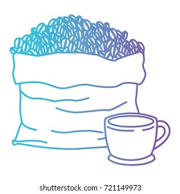 bag with beans and cup of coffee with handle gradient color silhouette from blue to purple vector illustration