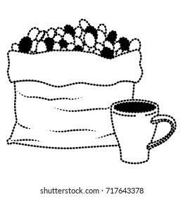 bag with beans and mug of coffee with handle silhouette dotted monochrome on white background vector illustration