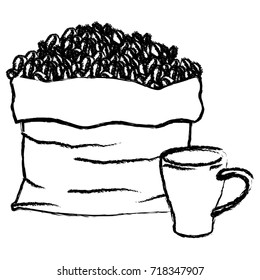 bag with beans and mug of coffee with handle monochrome blurred silhouette vector illustration