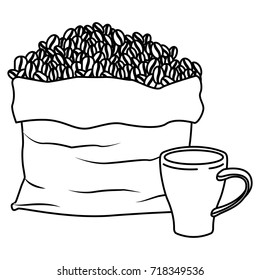 bag with beans and mug of coffee with handle monochrome silhouette vector illustration