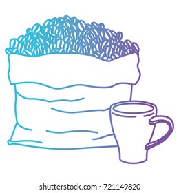 bag with beans and mug of coffee with handle gradient color silhouette from blue to purple vector illustration