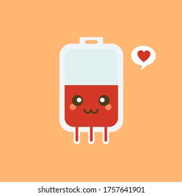 donante de sangre de bolsa o personaje cómico de donación.  Donar el concepto de sangre con la bolsa de sangre y el carácter cardíaco. Ilustración vectorial del día mundial de los donantes de sangre. 