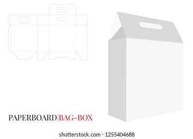 Bag Box with Handle Template, Vector with die cut, laser cut layer. Paperboard Box with Handle. White, blank, clear, isolated Bag Box with Handle mock up on white background with perspective view