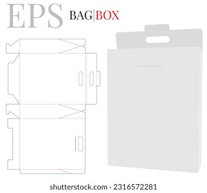 Bag Box with Handle Template, Vector with die cut, laser cut layer. Paperboard Box with Handle. White, blank, clear, isolated Bag Box with Handle mock up on white background with perspective view