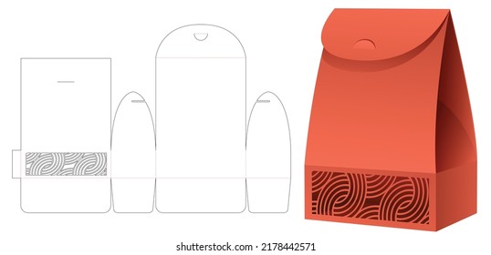 Bag box with stenciled curved pattern die cut template and 3D mockup