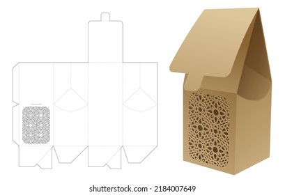 Bag box with stenciled pattern window die cut template and 3D mockup