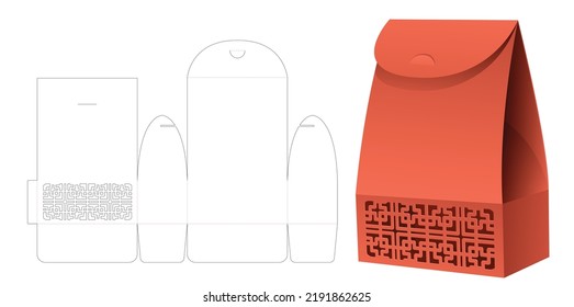 Bag box with stenciled window die cut template design and 3D mockup