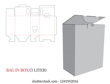 Bag In Box Template, Vector With Die Cut / Laser Cut Layers. Wine Box (3 Liter), Cardboard Box. White, Blank, Empty, Isolated Box Mock Up On White Background, Perspective View. Packaging Design, 3D 