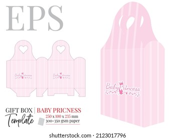 Bag box, vector. Template with diu cut and laser cut lines. Decorative pink bag box princess design isolated on white background