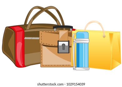 Bag with briefcase and package on white background insulated