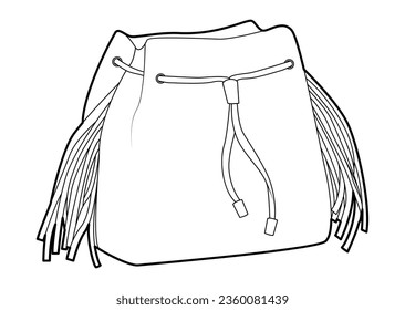 Bag bucket silhouette with drawstring closure and tassels fringe. Fashion accessory technical illustration. Vector satchel front 3-4 view for Men, women style, flat handbag CAD mockup outline