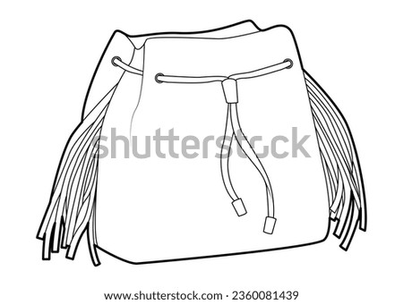 Bag bucket silhouette with drawstring closure and tassels fringe. Fashion accessory technical illustration. Vector satchel front 3-4 view for Men, women style, flat handbag CAD mockup outline