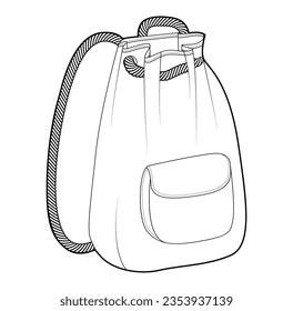 Bag Bucket silhouette with rope closure and handles. Drawstring with front pocket Fashion accessory technical illustration. Vector backpack for Men, women, unisex style, flat handbag CAD mockup sketch