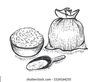 Bag of burlap with flour scoop and bowl of flour on white background. Hand draw vector illustration in engraving style