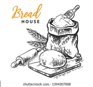 Bag of burlap with scoop and fresh flour. Ears of wheat, rolling pin with dough on white background. Bread house. Vector engraved illustration