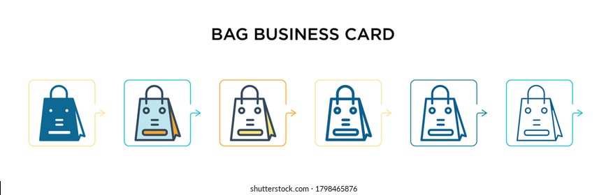 Icono vectorial de tarjeta de negocio de bolso en 6 estilos modernos diferentes. Iconos de tarjetas de presentación de bolsos negros, de dos colores, diseñados con el estilo relleno, contorno, línea y trazo. La ilustración vectorial puede utilizarse para la web, 