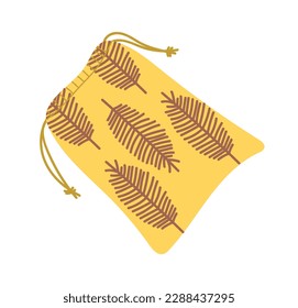 Bolsa para el concepto de botones. Existencia de costureras o atelier para la producción de ropa con silueta de hojas de palma. Plantilla, disposición y burla. Dibujo vectorial plano de dibujos animados