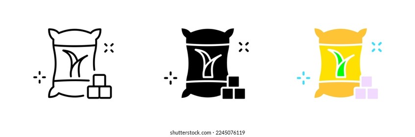 Bag of cane sugar. Sweetness, sugar cubes, coffee, tea, saucepan, cup, diabetes, sugar bowl, flour. Dessert concept. Vector icon in line, black and colorful style on white background